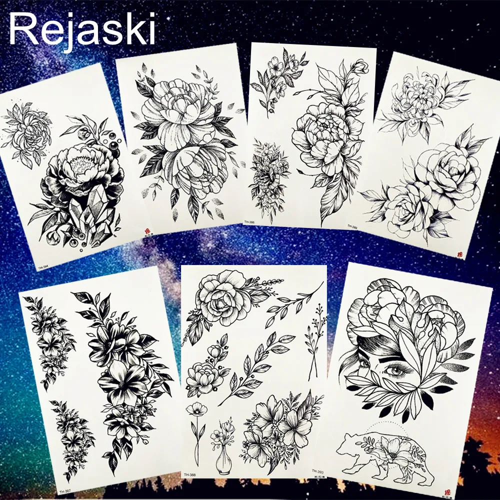 

REJASKI Flower Pencil Sketch Temporary Tattoo Sticker Rose Peony Leaves Body Art Arm Hand Fake Tattoos Women Girl Black Tatoo
