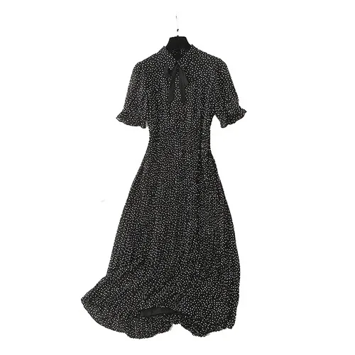 Элегантное платье миди женские черные платья высокого качества в белый горошек