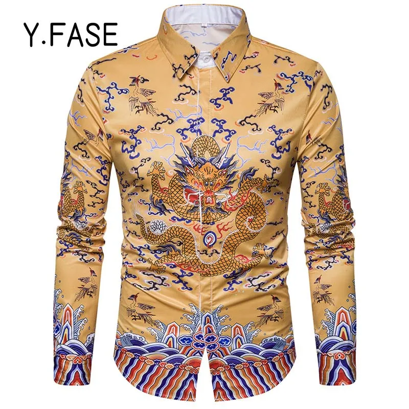 Y. фасе 2018 Весна Восток китайский дракон ретро печати рубашка Для мужчин Модная с