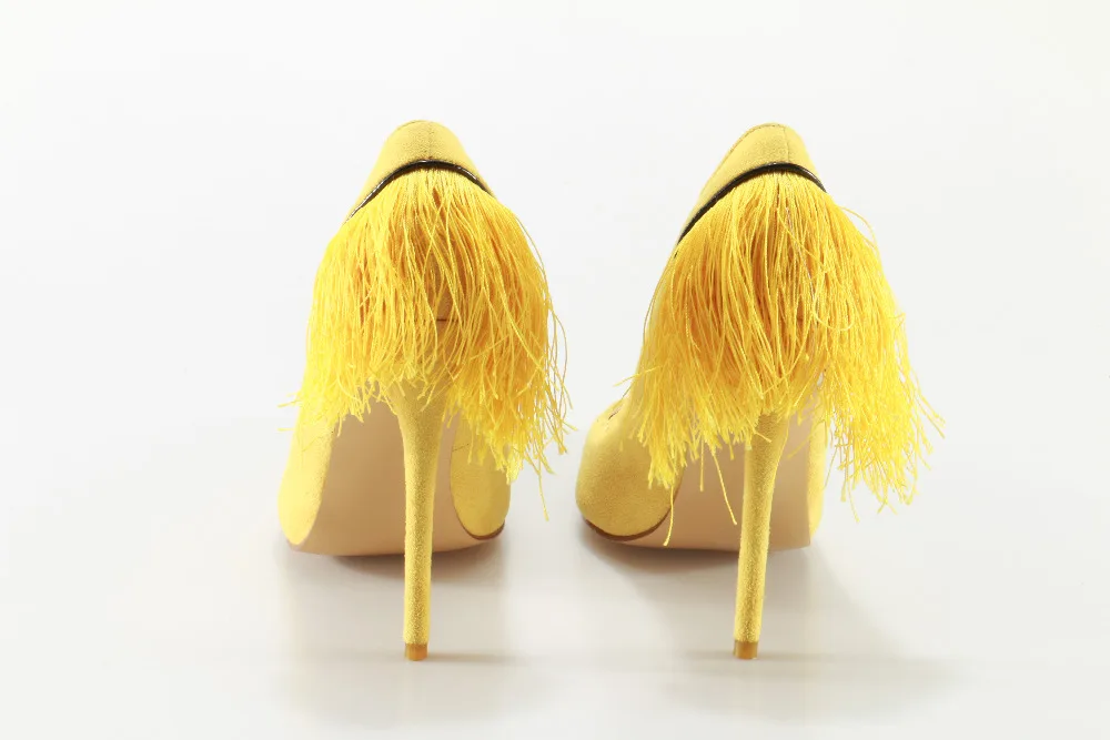 Mancuello/желтый кисточки высокая женская обувь на каблуках Туфли каблуке с бахромой