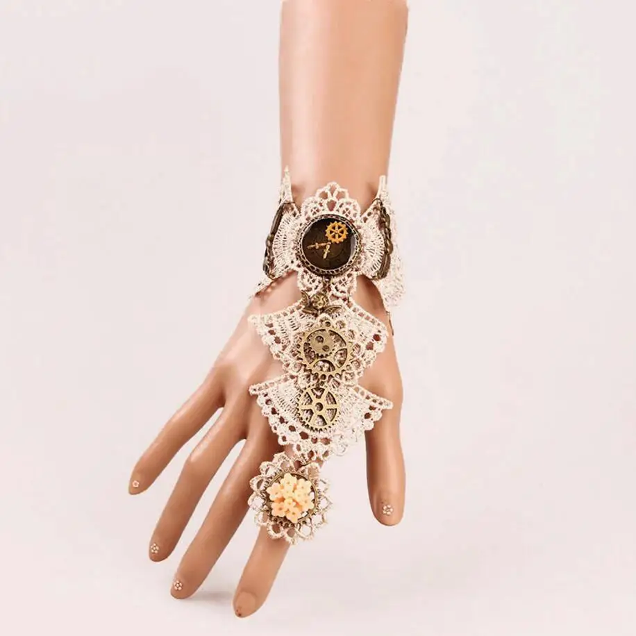Brilliant Design Aulic White Fan Lace with multi Gears Gothic Steampunk Bracelet | Украшения и аксессуары