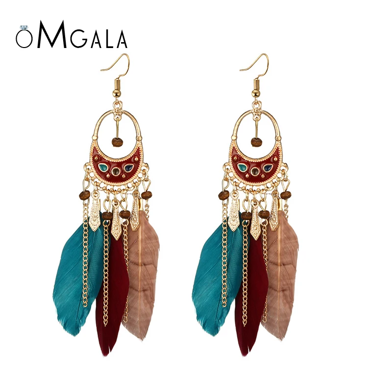 Длинные серьги OMGALA с кисточками и перьями для женщин крошечные бусины листья