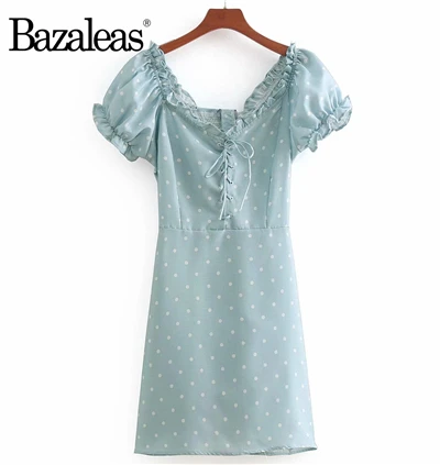 BB38 blue 8241 Bazaleas короткое летнее платье на шнуровке спереди с рюшами и короткими рукавами, облегающие пляжные платья на каждый день - Цвет: BB38 blue 8241