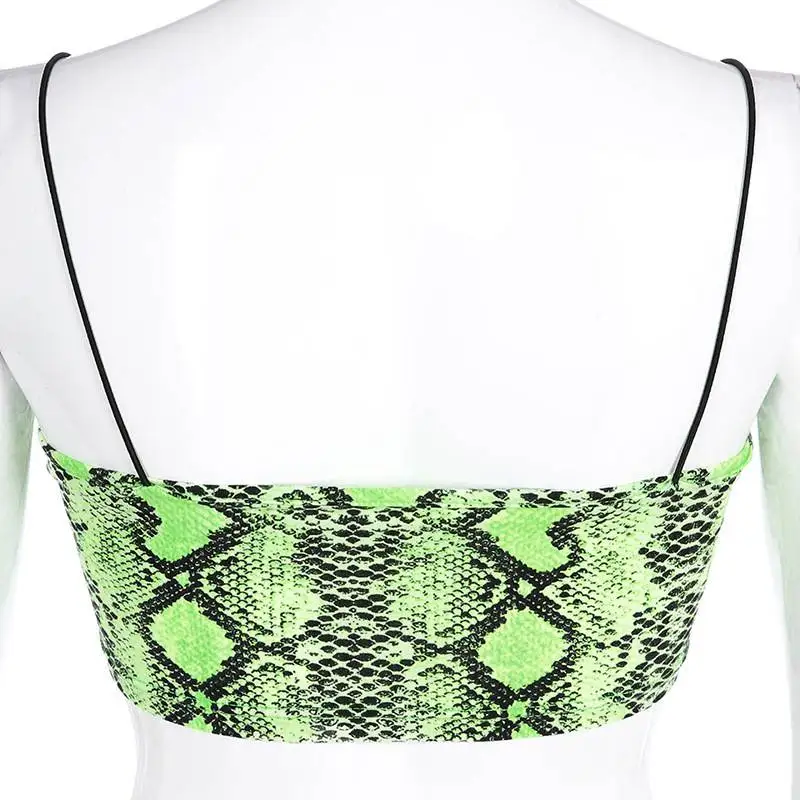 Неоновый зеленый топ на бретельках со змеиным принтом 2019 летний облегающий