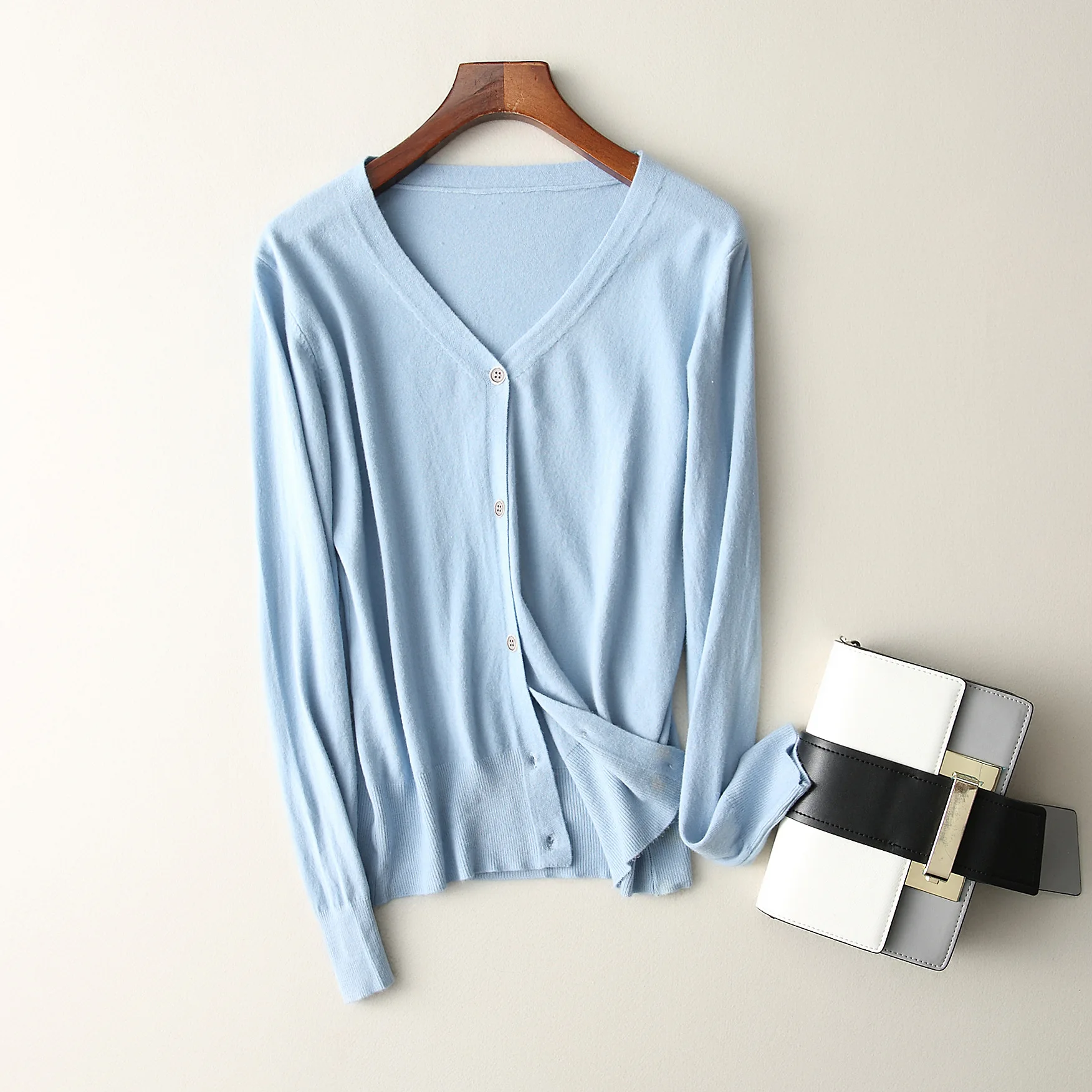 New arriving cardigan women's V-neck knitted primer shirt with pure colour casual sweater |