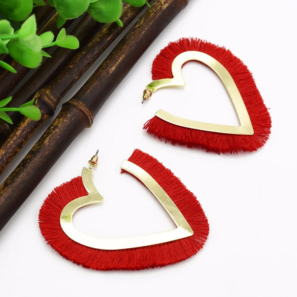 Bohemian Unique Heart Cotton Big Open Hoop Earrings for Women Wedding Party Red White Black Pink Thread Tassel Ears Jewelry | Украшения и