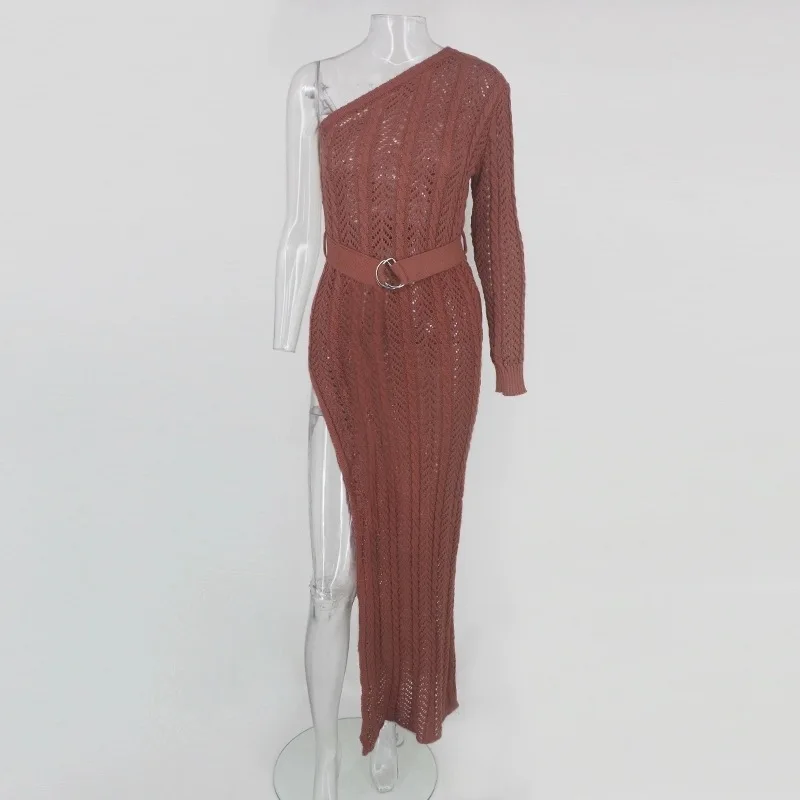 Вязаное длинное платье для женщин на одно плечо Макси-платья сексуальное