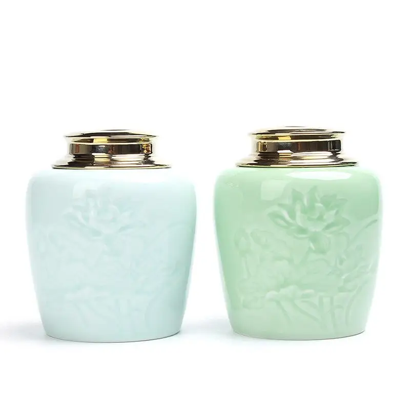 

Chinese Ceramic Green Lotus Tea Caddies Canister Kung Fu Tea Set Accessories Tea Jar Cans Box For Home Or Office Teaware