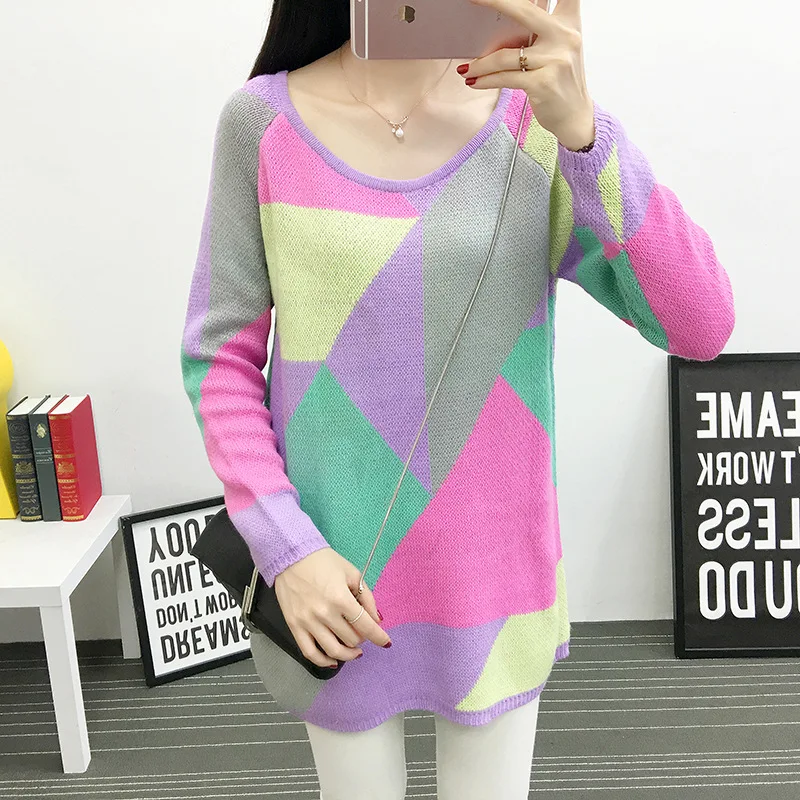 Женский пуловер с длинным рукавом свитера повседневные свободные цветные