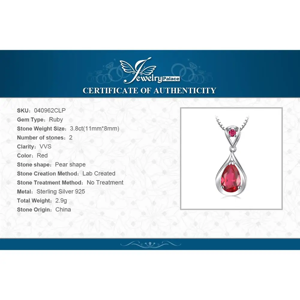 JewelryPalace капли воды 4ct создан красный рубин кулон 925 пробы серебряные ожерелья для женщин модные украшения без цепи