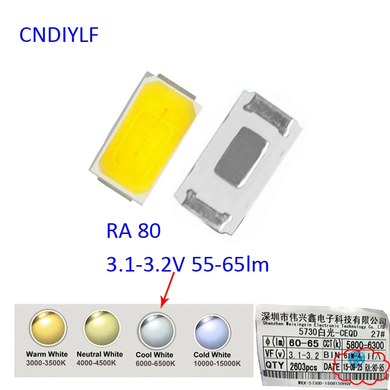 Светодиодный чип высокой яркости CRI&gt80 0 5 вт SMD 5730 светодиодный 100 пк диоды 60 65lm 3 6 в