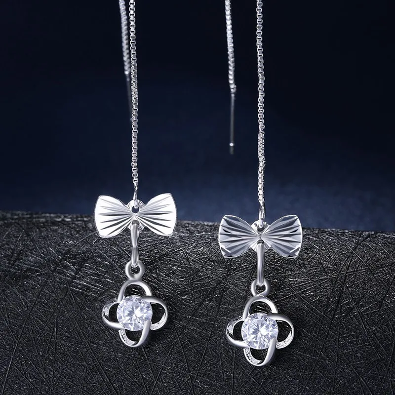 Shiny Cubic Zircon Clover Flower Long Chain White Gold Color Dangle Drop Earrings for Women Engagement Jewelry | Украшения и
