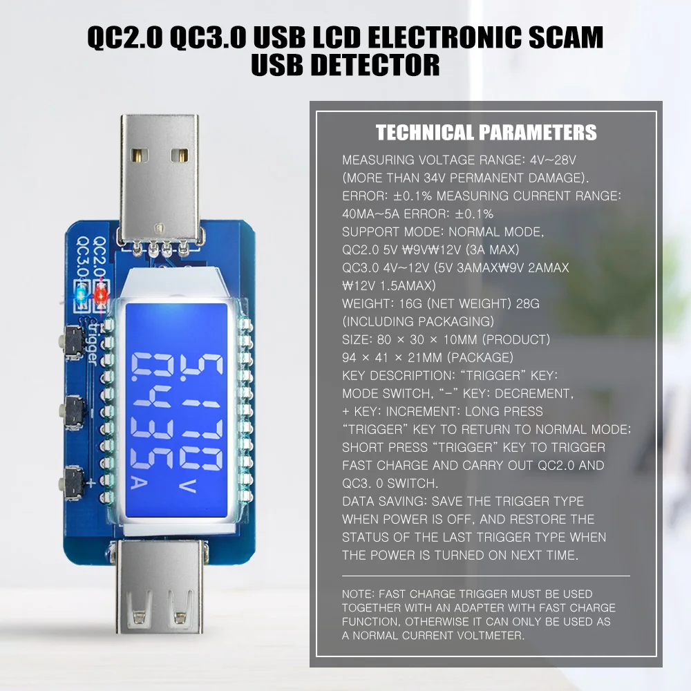 DC 4 V-28 V USB ЖК-дисплей Цифровой Текущий Напряжение детектор быстрая Зарядное устройство триггер Вольтметр Амперметр тестер КК 2,0 QC 3,0 манок инструмент
