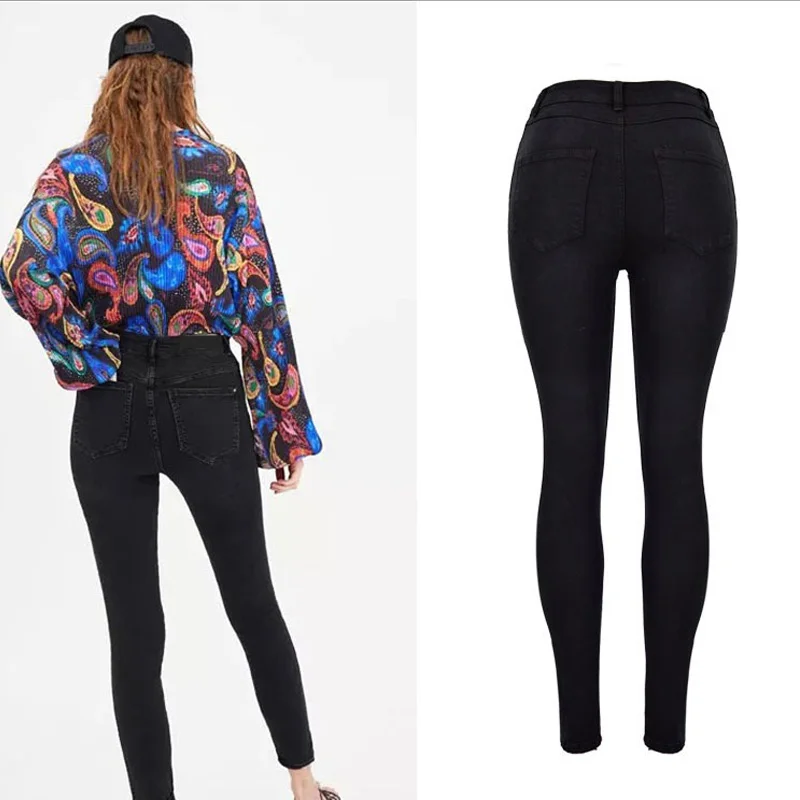 2019 Women Black Jeans Chic High Waist Single Button Sexy Pencil Slim Skinny Denim Pants | Женская одежда