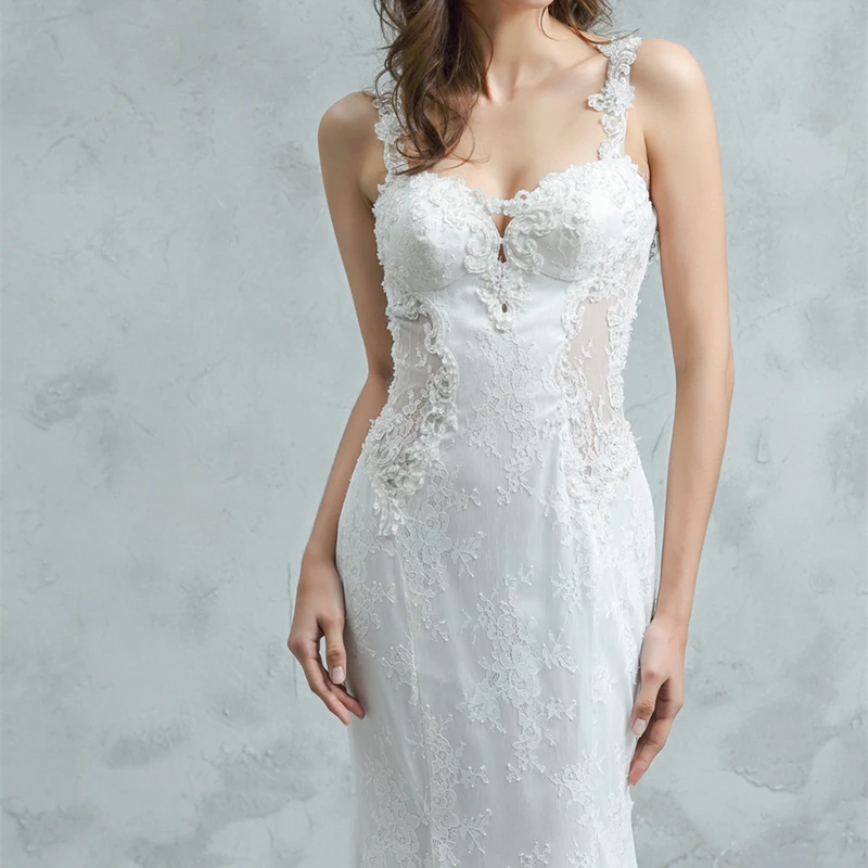 Sheer Back Sheath Wedding Dresses Unique Lace Luxury Long Train Sexy Bridal Gown