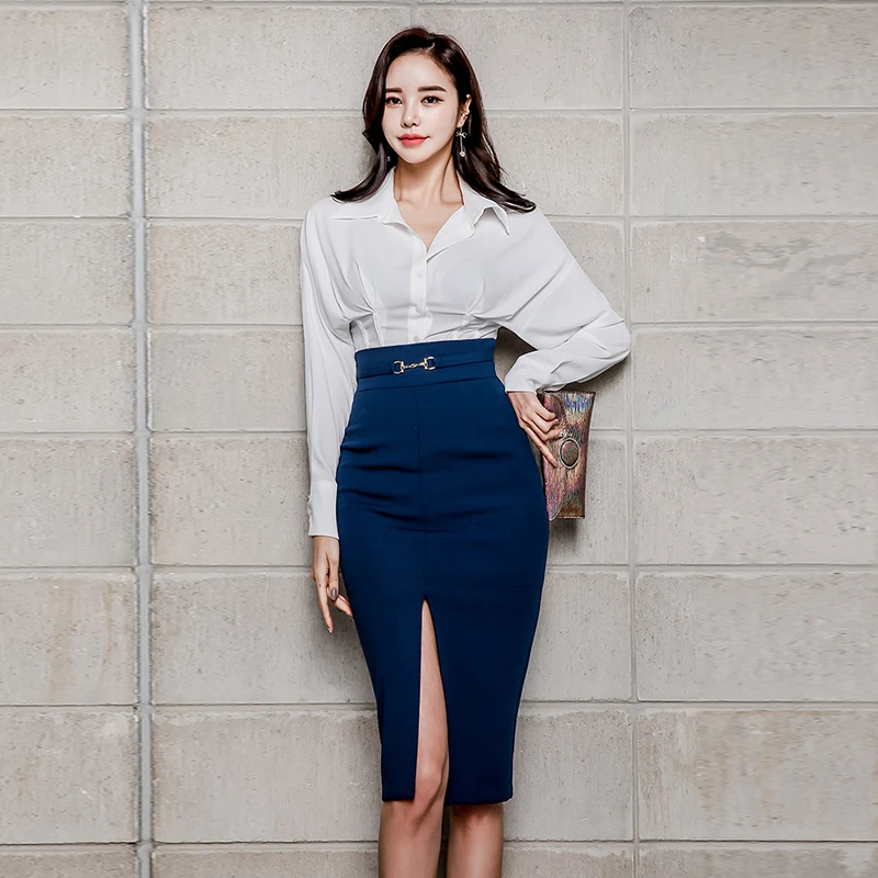 Женский деловой костюм из 2 предметов элегантная белая блузка с отложным