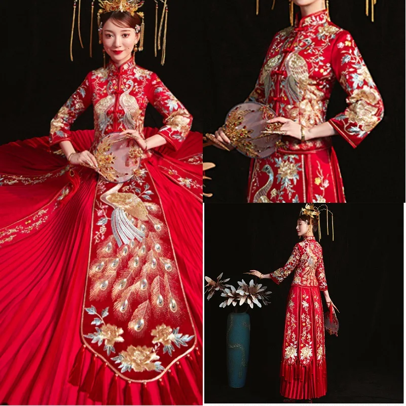 Китайское женское свадебное платье Ципао с вышивкой длинное вечернее la robe de mariee