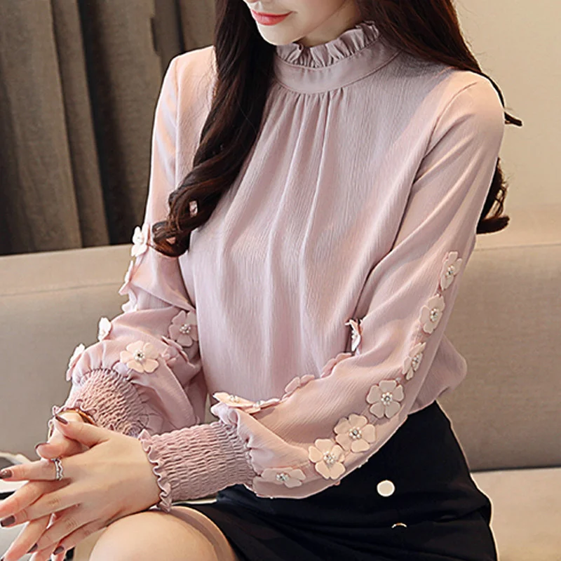 

New Ruffles collar Women long sleeve Chiffon blouse Korean fashion Lantern Sleeve Office lady shirt Flower blouses Tops