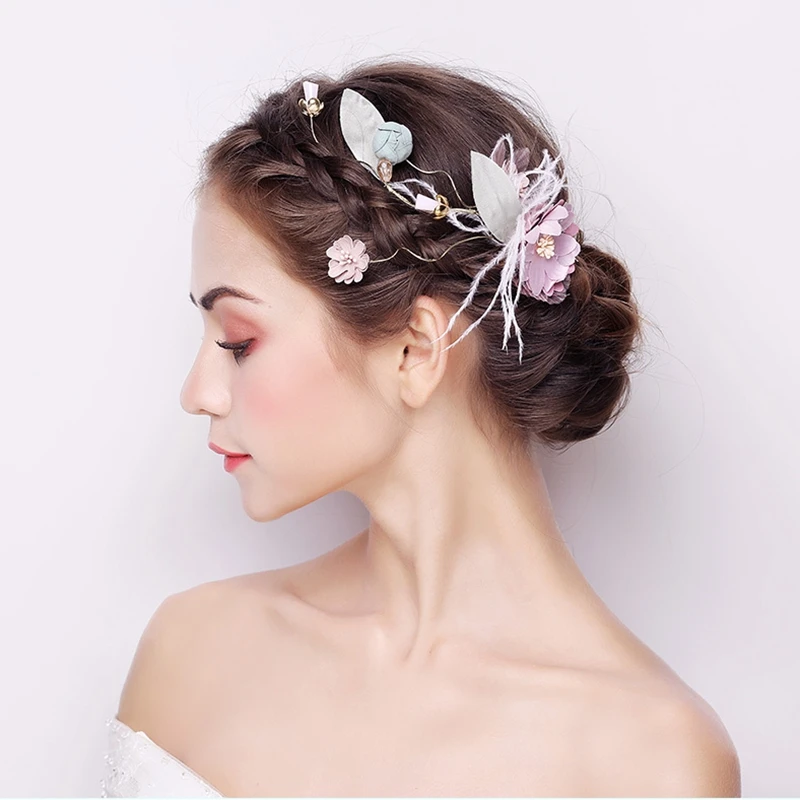 

Bridal Headwear Sweet Side Clips Wedding New Yarn Flowers Pink Handmade Hair Accessories Bridemaids Feather Hairbands Jewelry