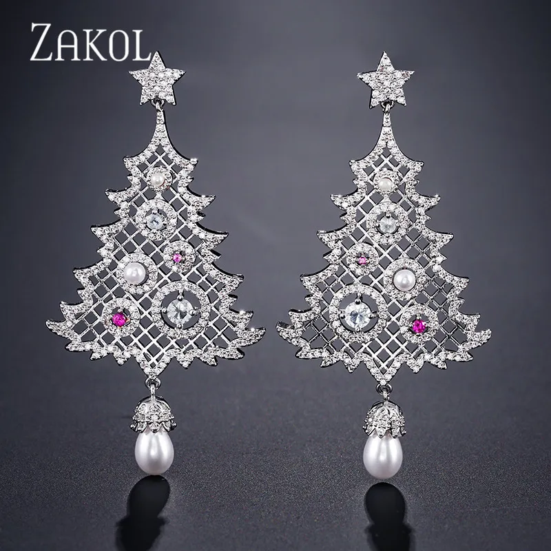 ZAKOL модные серьги с фианитом в форме рождественской елки большие капельки для