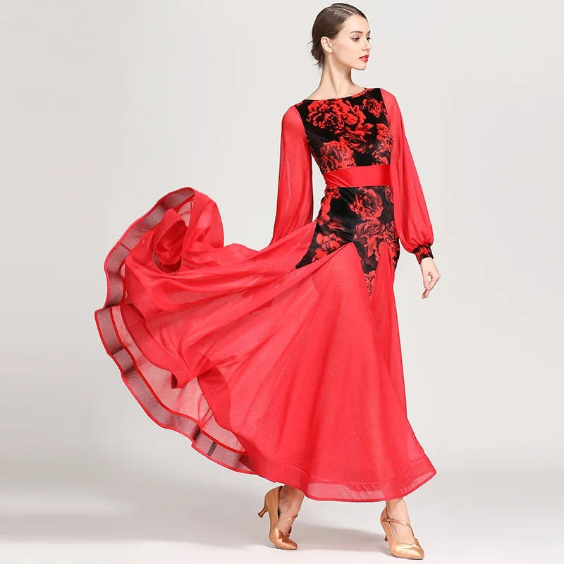 

Lady Ballroom Dancing Dress Long Sleeve National Standard Dance Dresses Dance Retro Palace Sleeve Dress Round Collar D0743