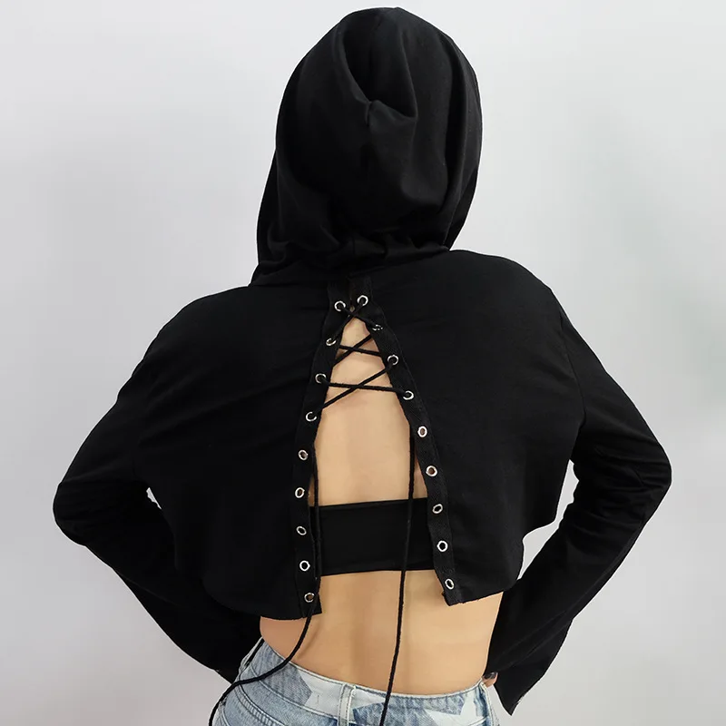 Мода 2017 Толстовки Толстовка Для женщин задней шнуровкой черный укороченные Топы
