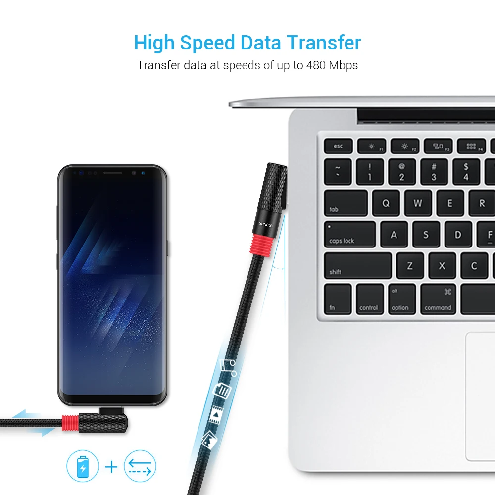 SUNGUY прямоугольный кабель usb type C плетеный для быстрой зарядки передачи данных samsung