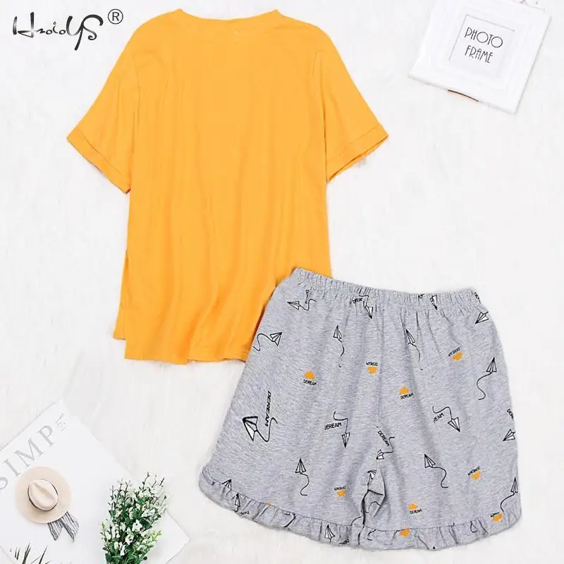 Kawaii/пижамный комплект из двух предметов; женский домашний костюм с короткими рукавами и рисунком+ шорты; пижама из хлопка; летняя домашняя пижама