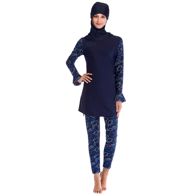Navy blue-2 YONGSEN Мусульманский купальник размера плюс, мусульманский купальный костюм, одежда для серфинга, спортивный женский хиджаб, скромный мусульманский женский купальник - Цвет: Navy blue-2