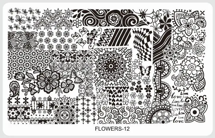 FLOWERS-12 1 шт.* Цветы для стемпинга ногтей пластины Различные дизайны DIY изображения акриловый дизайн ногтей шаблоны для маникюра трафареты инструменты для маникюра - Цвет: FLOWERS-12