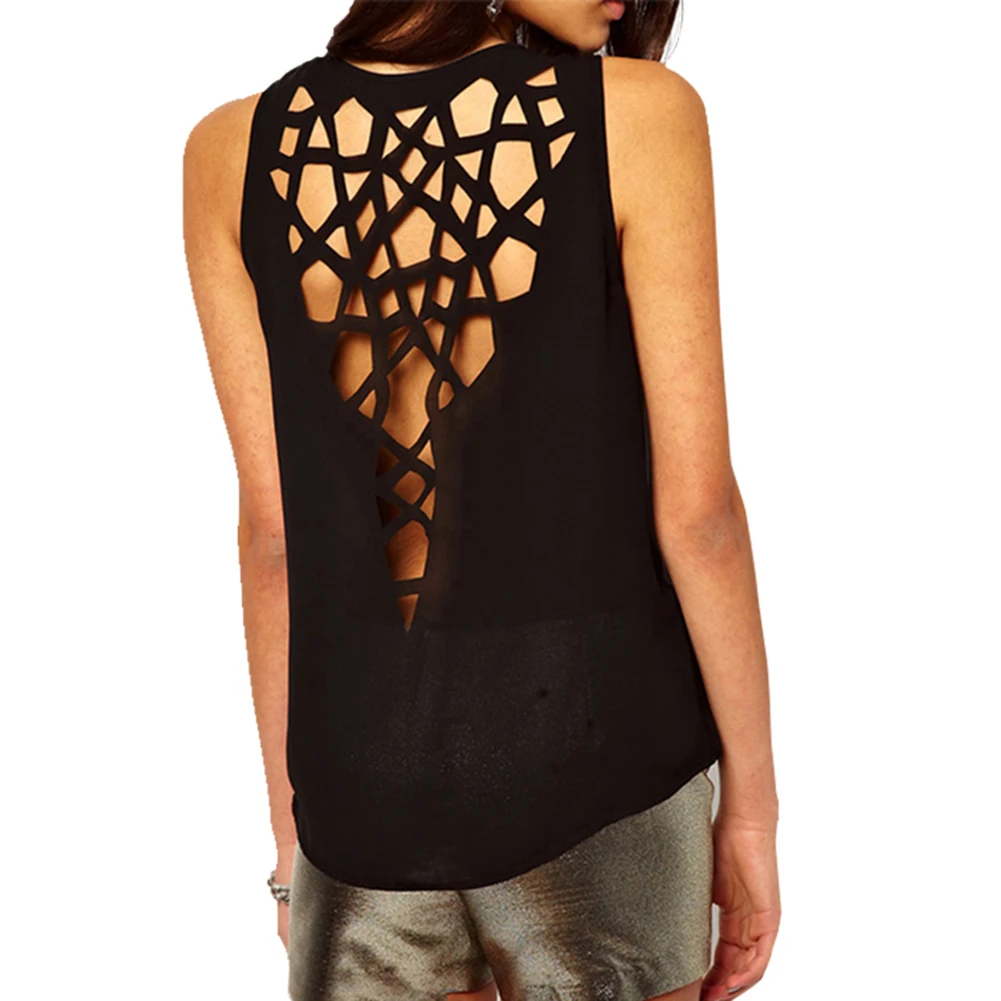 Женская шифоновая блузка с круглым вырезом без рукавов|Блузки| |