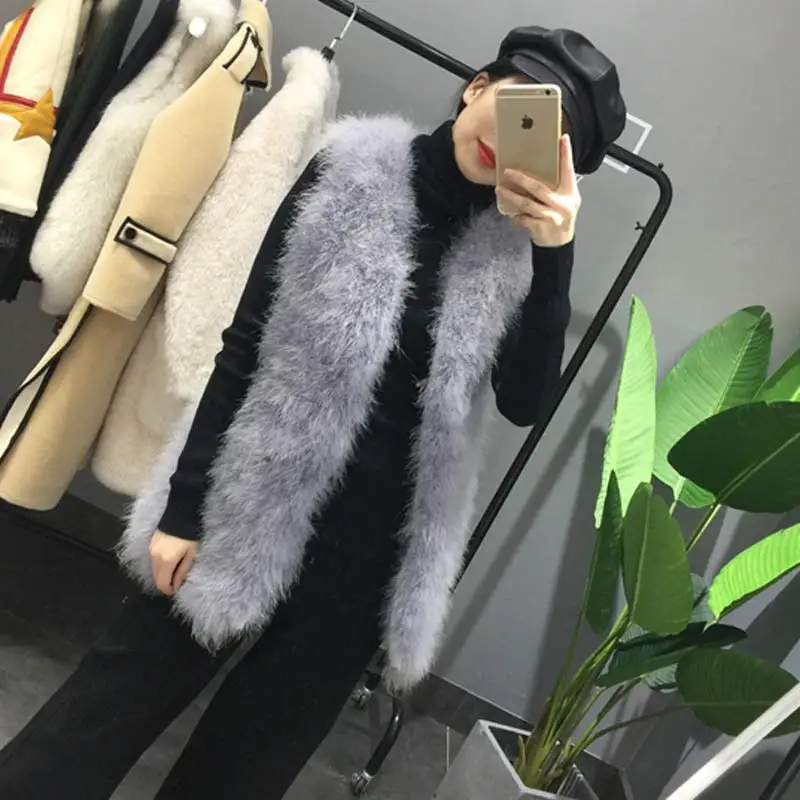 5 Light grey Длинный жилет из натурального меха ручной вязки из натурального страусиного пера, меховой жилет высокого качества из натурального пушистого меха, жилет темно-серого цвета - Цвет: 5 Light grey