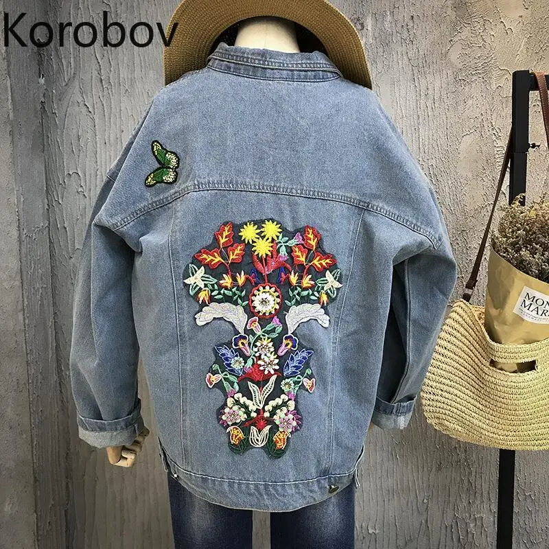 Korobov корейский цветок вышивка женские джинсовые куртки с длинным рукавом Harajuku аппликации пальто уличная одежда новое поступление джинсовое пальто 78094