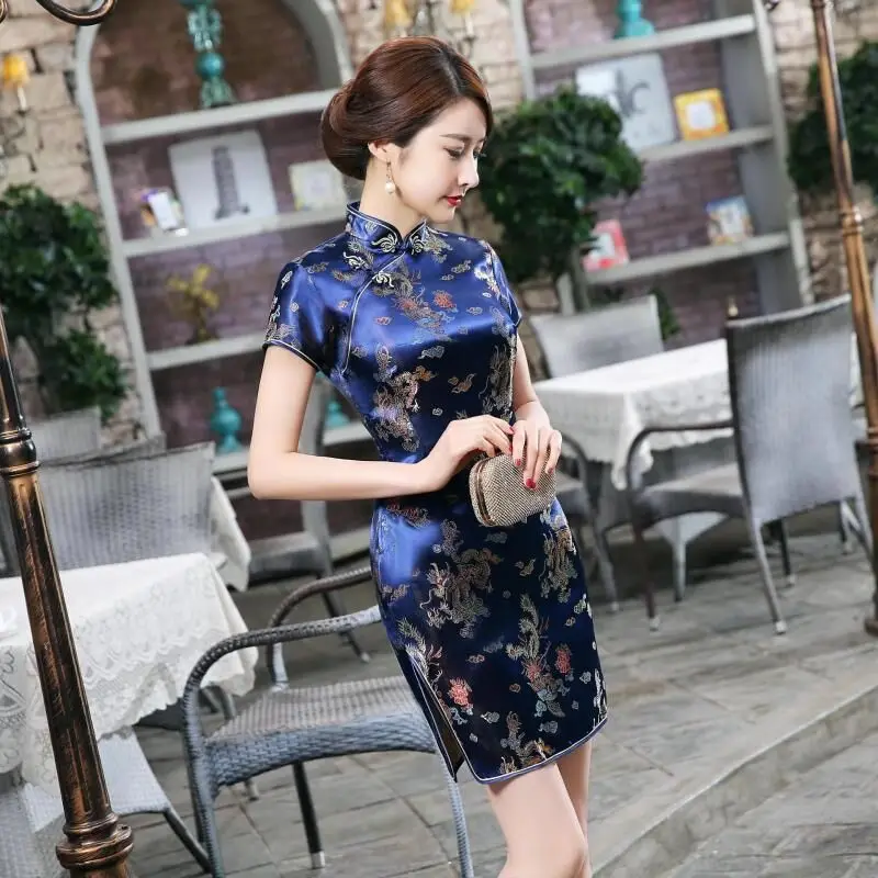 Короткий стиль Cheongsam традиционное китайское женское мини платье Ципао летнее