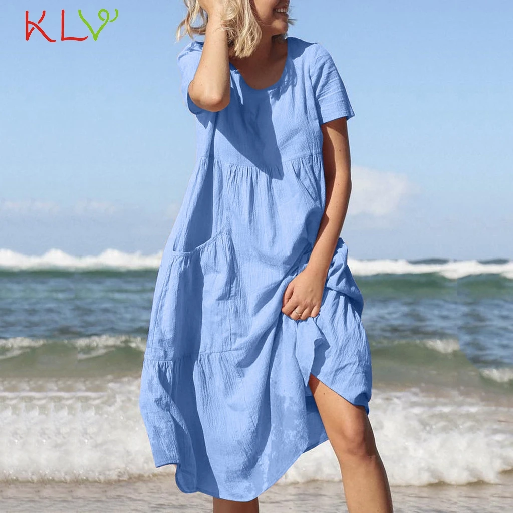 Женское платье из хлопка и льна Элегантное повседневное пляжное с карманами