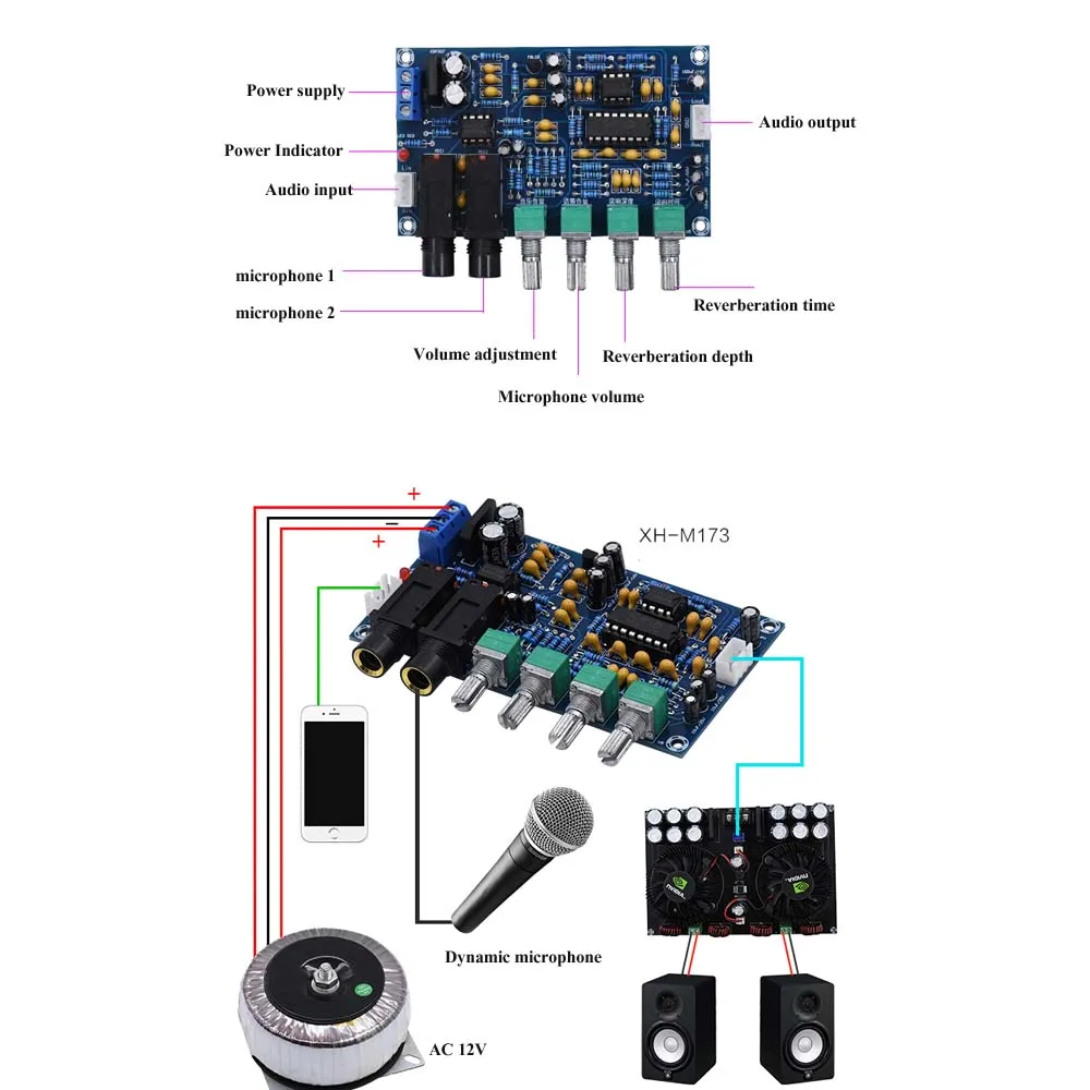 Луся AC12V двойной усилитель мощности микрофон доска караоке реверберация XH-M173 C3-003