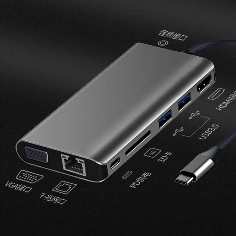Baolyda USB C HUB 9in1 Thunderbolt 3 Adapter USB Type C HDMI VGA 4K Gigabit Ethernet Montiport Adater for Macbook Pro Type-c PC