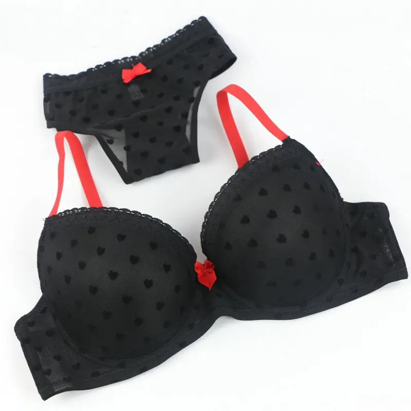 Sexy Thong Lady Push Up Bra Set Lace Hollow Out Bralette Underwear Panty Set Intimates Black Red Women Bra Brief Set 3 pieces