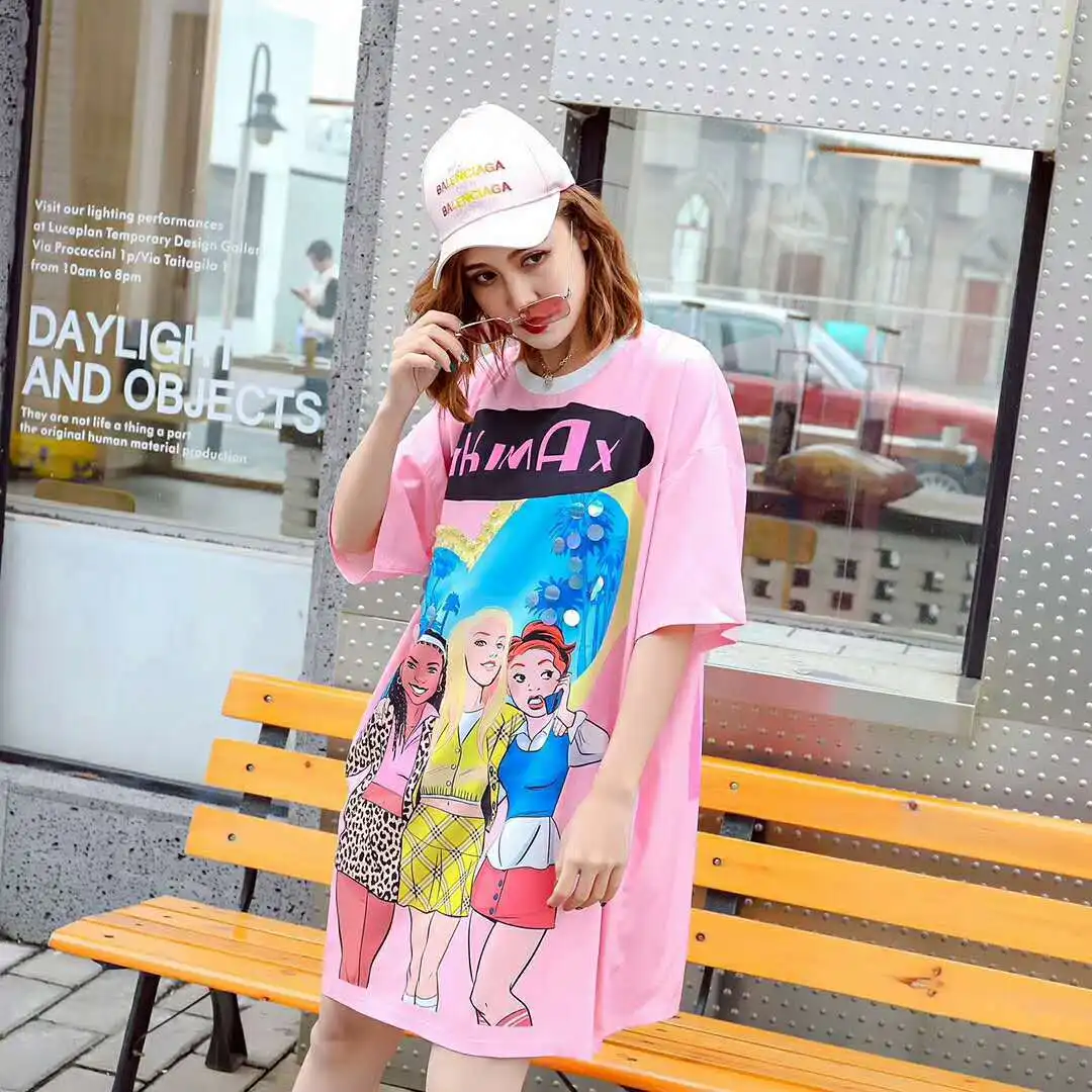 Thailand Tide brand 2019 summer new street fashion people beauty print sequins long short-sleeved t-shirt female | Женская одежда