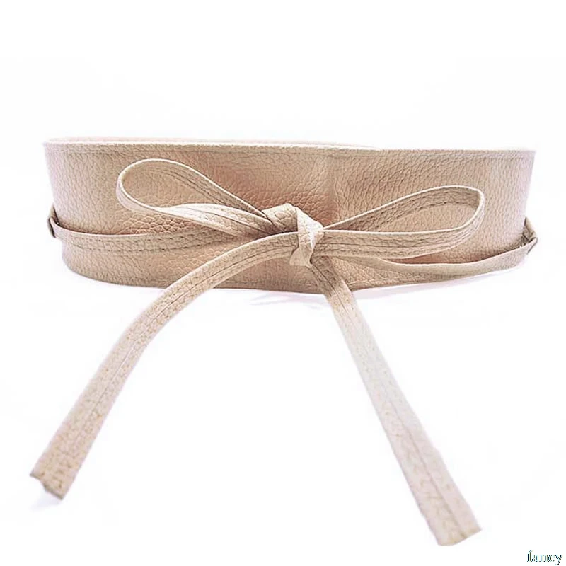 Womens Soft Leather Wide Self Tie Wrap Around Obi Waist Band Boho Dress Belt Drop ship # surplice wrap tie waist stripe dress