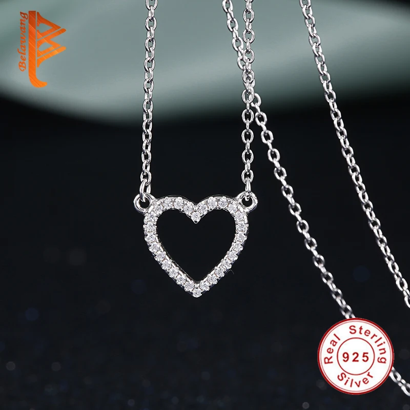 

BELAWANG Real 925 Sterling Silver Love Heart Pendant Necklace For Women AAA Cubic Zirconia Necklace Jewelry Valentine's Day Gift