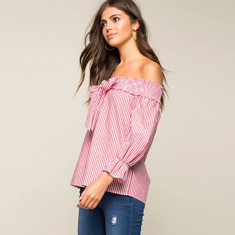 Мода Блузка Рубашка Женщины 2017 Весна Синий И Белый Полосатый Рубашки Женщин