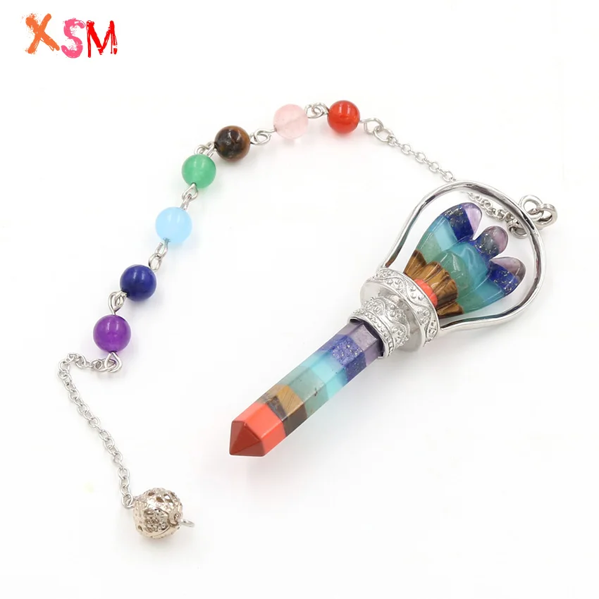 

xinshangmie Chakra Hexagon Prism Angel Scepter Pendant Reiki Charm Healing Layered Pendulum Pendant With Chakra Beads Chain 1pcs