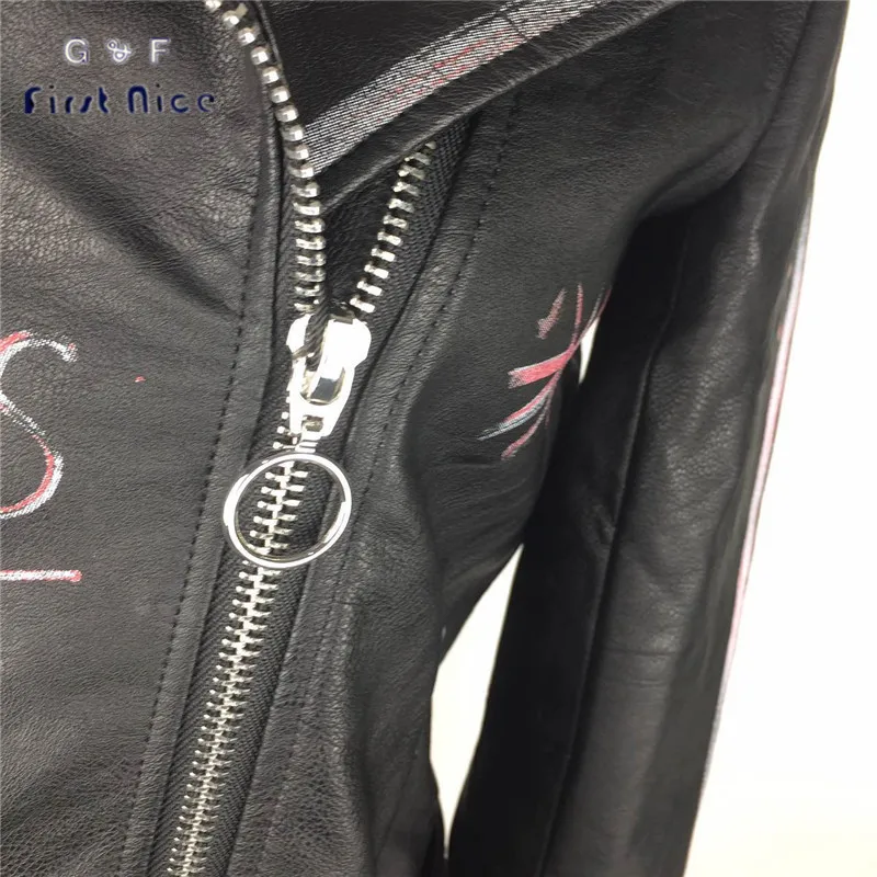 Женщин PU Куртка Бомбардировщика 2017 Весна Новая Мода Молнии Письмо Печатных Пояса