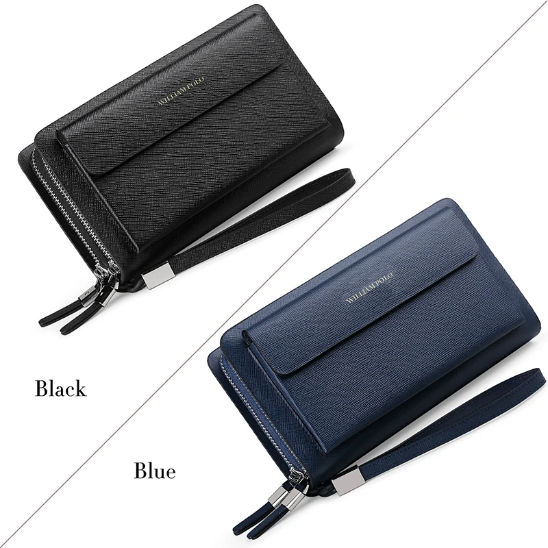 WILLIAMPOLO  New Men Wallet Genuine Leather Long Clutch Phone Pocket Card Holder Handbag Double Zipper Detachable Wristlet Black images - 6