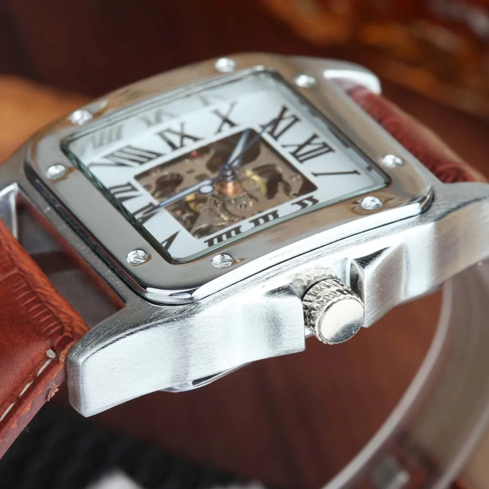 Часы скелетоны мужские с автоматическим механическим механизмом квадратной