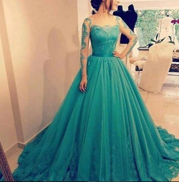 

New Beautiful Green Prom Dresses Long Sleeve A-line Tulle Evening Party Gowns For Women vestido formatura