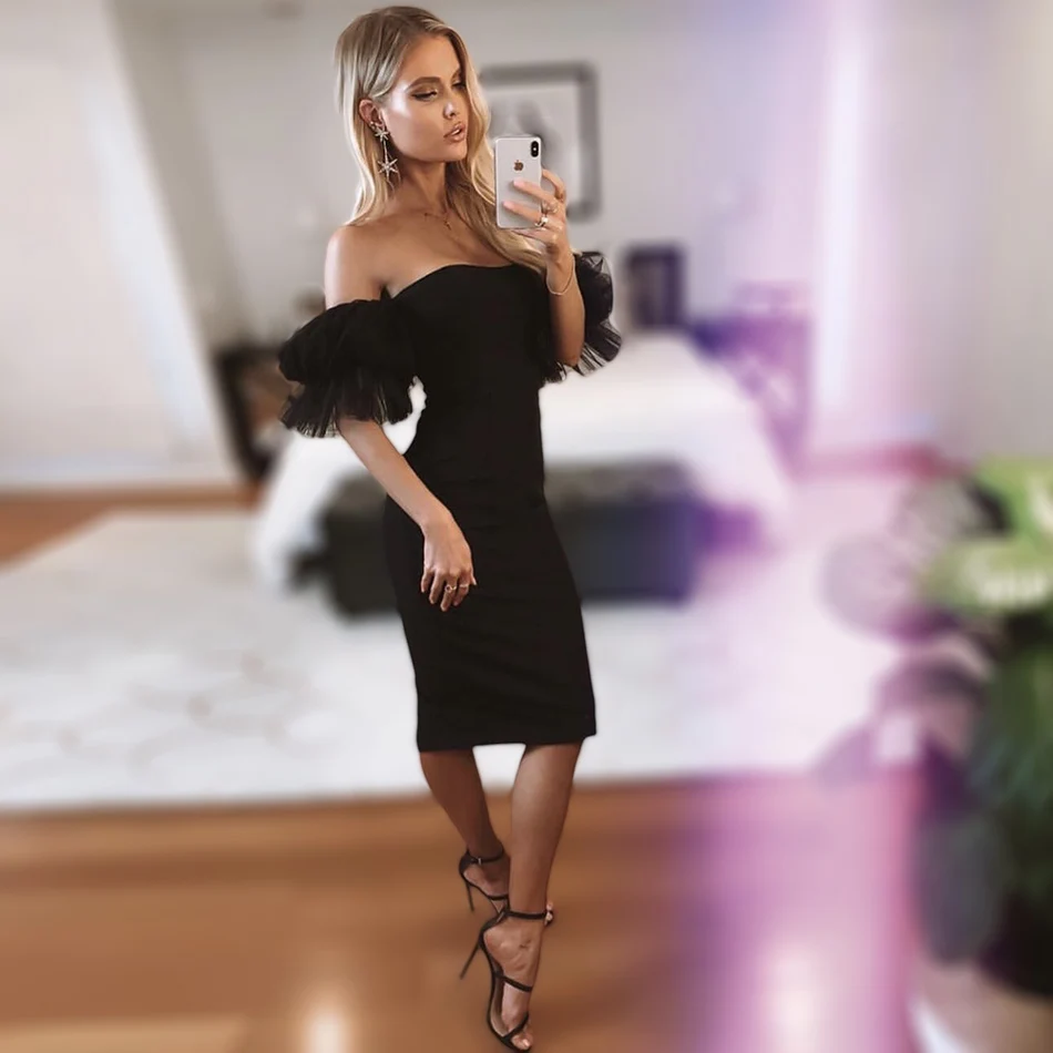 Черное Сетчатое платье миди с открытыми плечами вырезом лодочкой и пышными