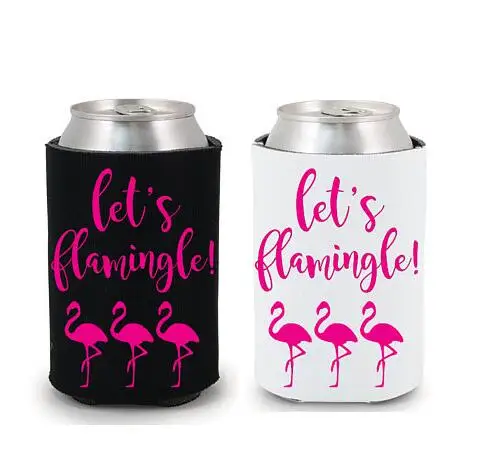 

set of 6 custom pink wedding Let's Flamingle Drink Coolers Bachelorette Survival Kit bridal shower Hen night Bottle Can Holders