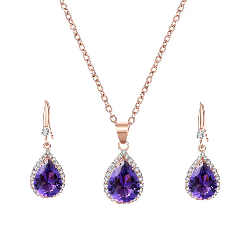 Gold Purple Manxiuni, капли воды, кубический цирконий, Свадебные Ювелирные наборы, инкрустация, роскошный кристалл, свадебное ожерелье, серьги, набор, подарки для подружек невесты - Окраска металла: Gold Purple